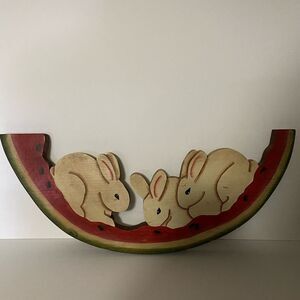 Vintage Hand-Painted Wood Bunny & Watermelon Wall Decor – Folk Art Sign